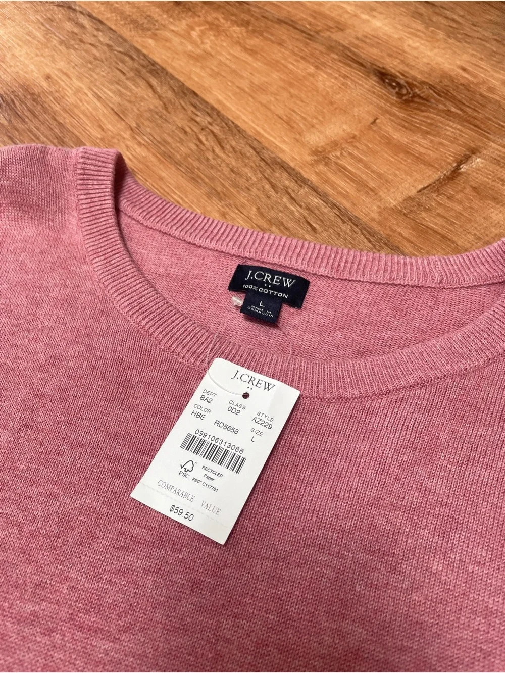 J‎ Crew Mens Cotton Sweater Long Sleeve Tee NEW NWT LARGE Pink Preppy Layering